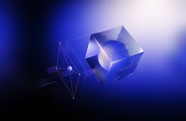 Abstract glass cube and circuit network